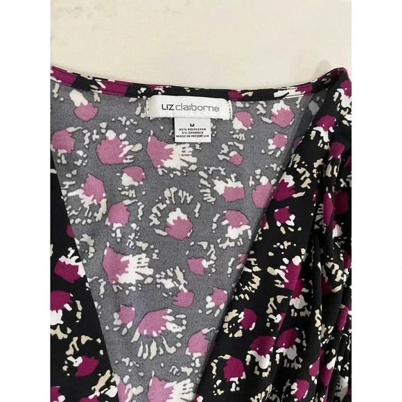Women’s Liz Claiborne Faux Wrap Top Black and Purple Print Size Medium - Picture 3 of 3